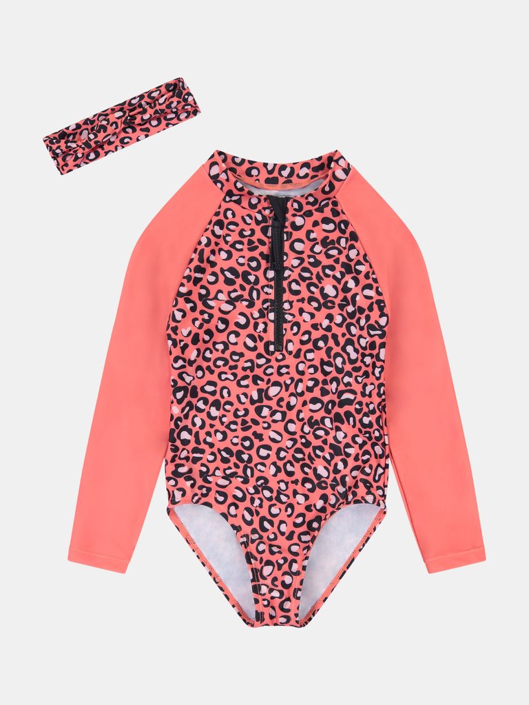 Girls Cheetah Rashguard Swimsuit - Coral