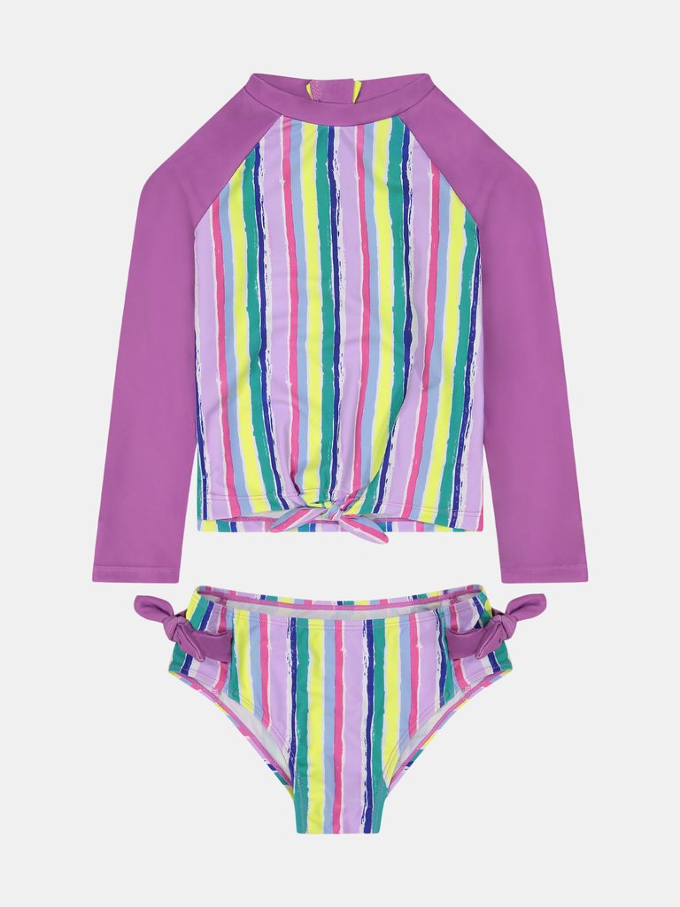 Girls Striped Rashguard Swimset - Purple
