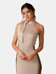 Aurelio Knit Evening Dress with Bow-Tie Detail - Metallic Beige