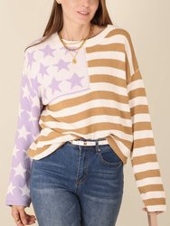 American Flag Print Crew Neck Sweater - Beige