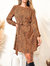 Animal Print Bishop Sleeve Dress - Beige