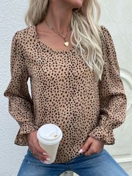 Animal Print Puff Sleeve Blouse - Beige