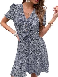 Animal Print Ribbon Front Dress - Navy