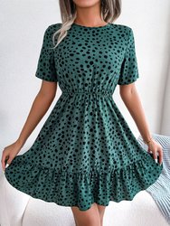 Animal Print Ruffle Hem Dress - Green