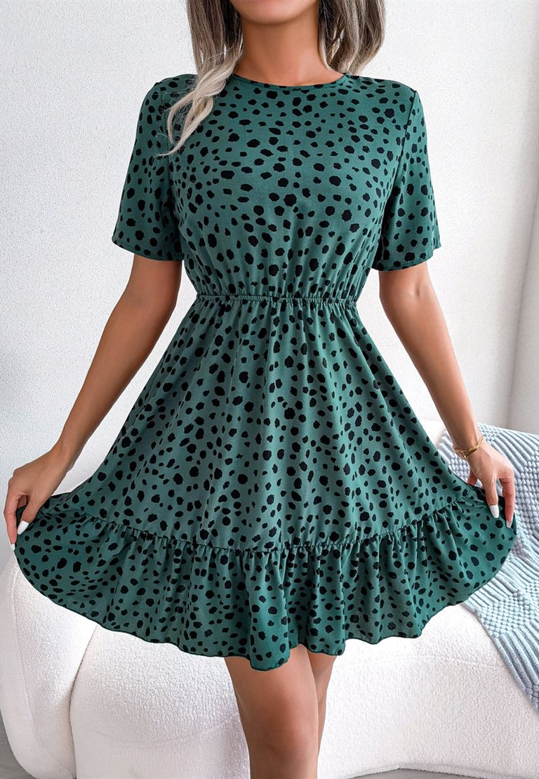 Animal Print Ruffle Hem Dress - Green