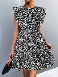Animal Print Ruffle Sleeve Dress - Black