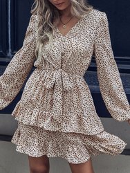 Animal Print Tiered Ruffle Dress - Beige