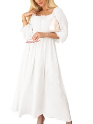 Anna-Kaci Long Sleeve Swiss Dot Lined Maxi Dress For Women Smocked Tied Detail Square Neck - White