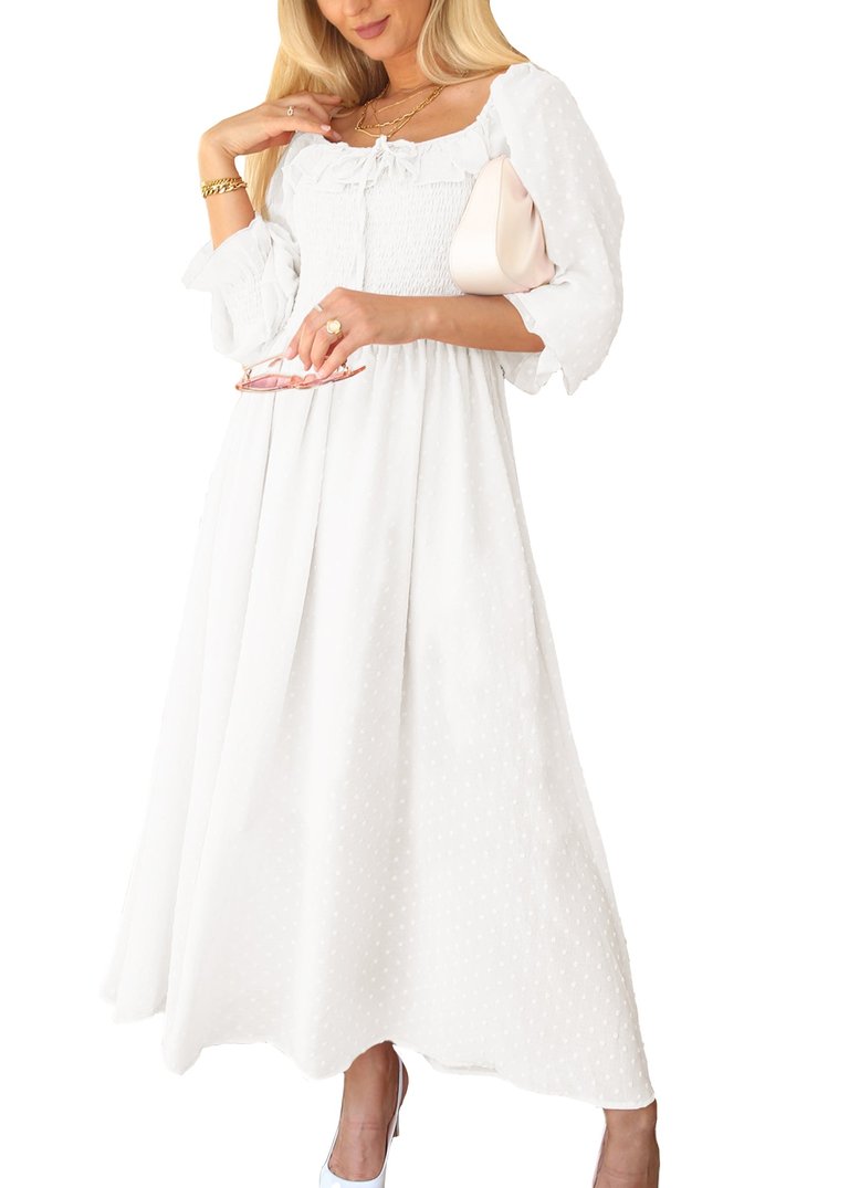 Anna-Kaci Long Sleeve Swiss Dot Lined Maxi Dress For Women Smocked Tied Detail Square Neck - White