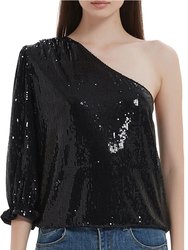 Anna-Kaci Summer Sparkle Sequins One Shoulder Top Blouse Cocktail Casual Glitter Sequined T-Shirt Tops - Black