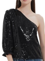 Anna-Kaci Summer Sparkle Sequins One Shoulder Top Blouse Cocktail Casual Glitter Sequined T-Shirt Tops