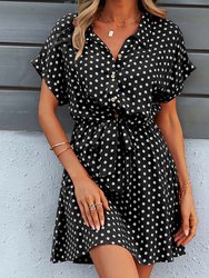 Anna-Kaci Womens Casual Dress Short Sleeves Button Up Polka Dot Printed Tie Waist Mini Dresses - Black