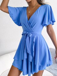 Asymmetrical Tiered Hem Wrap Dress - Blue