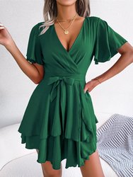 Asymmetrical Tiered Hem Wrap Dress