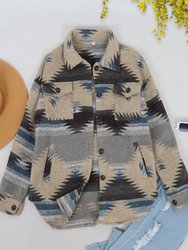 Aztec Pattern Drop Shoulder Jacket - Khaki