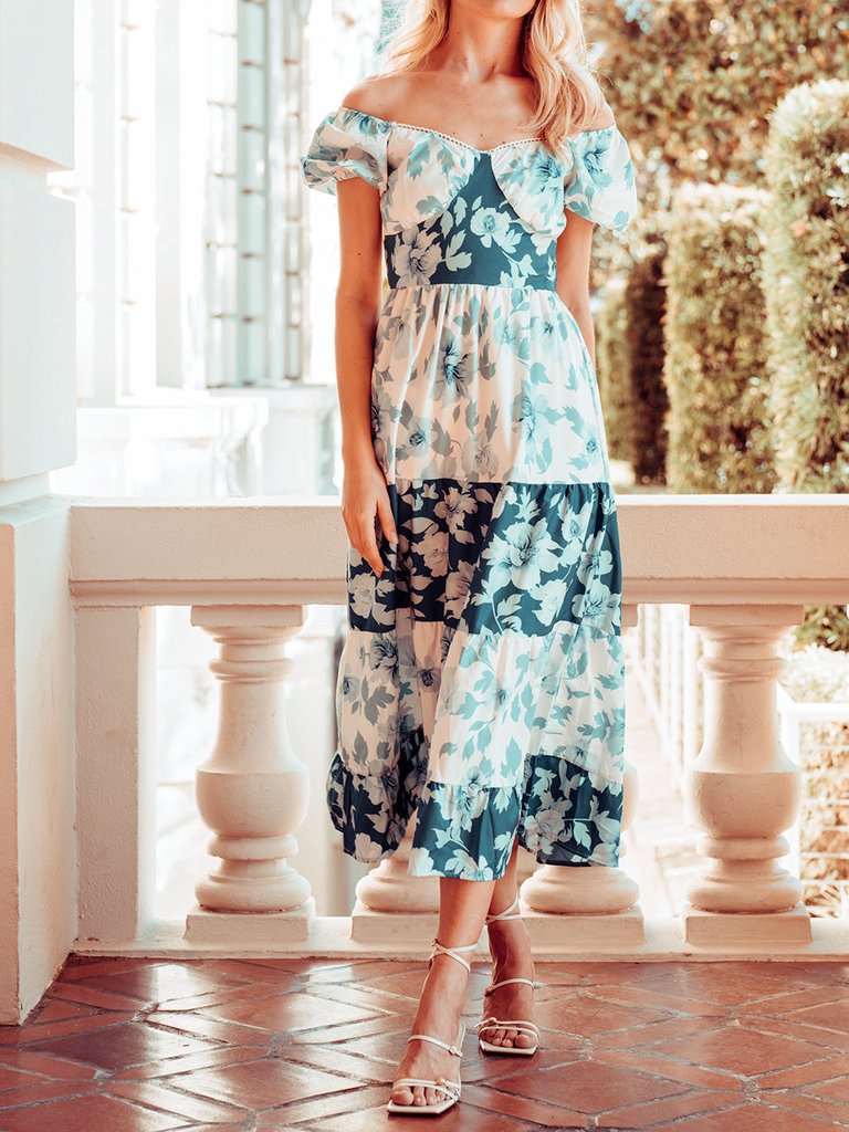 Backless Blue Tiered Floral Maxi Dress - Blue
