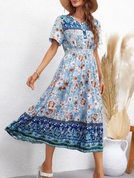 Bohemian Print Button Front Dress - Blue