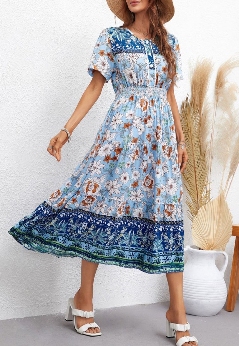 Bohemian Print Button Front Dress - Blue