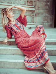 Boho Flared Sleeve Paisley Maxi Dress - Red