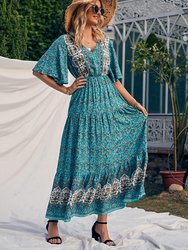 Boho Flared Sleeve Paisley Maxi Dress - Teal