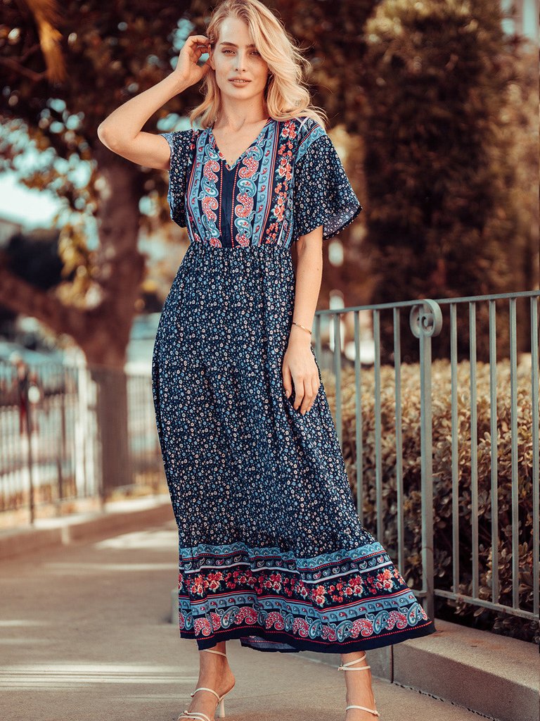 Boho Flared Sleeve Paisley Maxi Dress - Navy