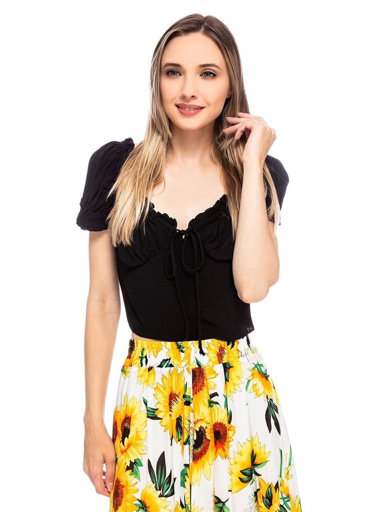 Boho Gathered Crop Top - Black