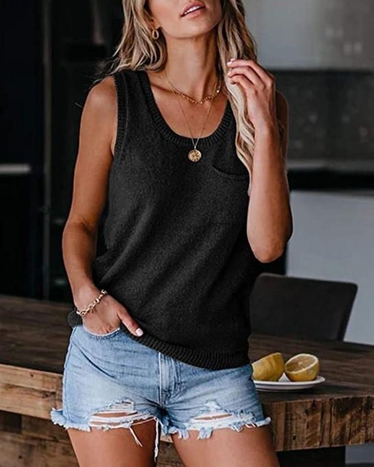 Button Back Knitted Tank - Black