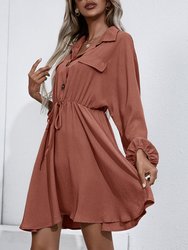 Button Collared Lantern Sleeve Ruffle Dress