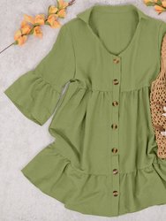 Button Down Ruffle Tier Short Dress - Olive Green