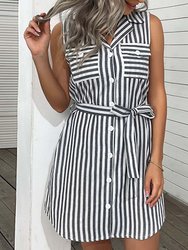 Button Down Striped Summer Dress - Gray