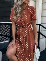 Button Front Polka Dot Dress - Rustic Red