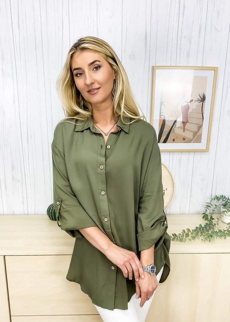 Button Front Relaxed Fit Blouse - Olive Green
