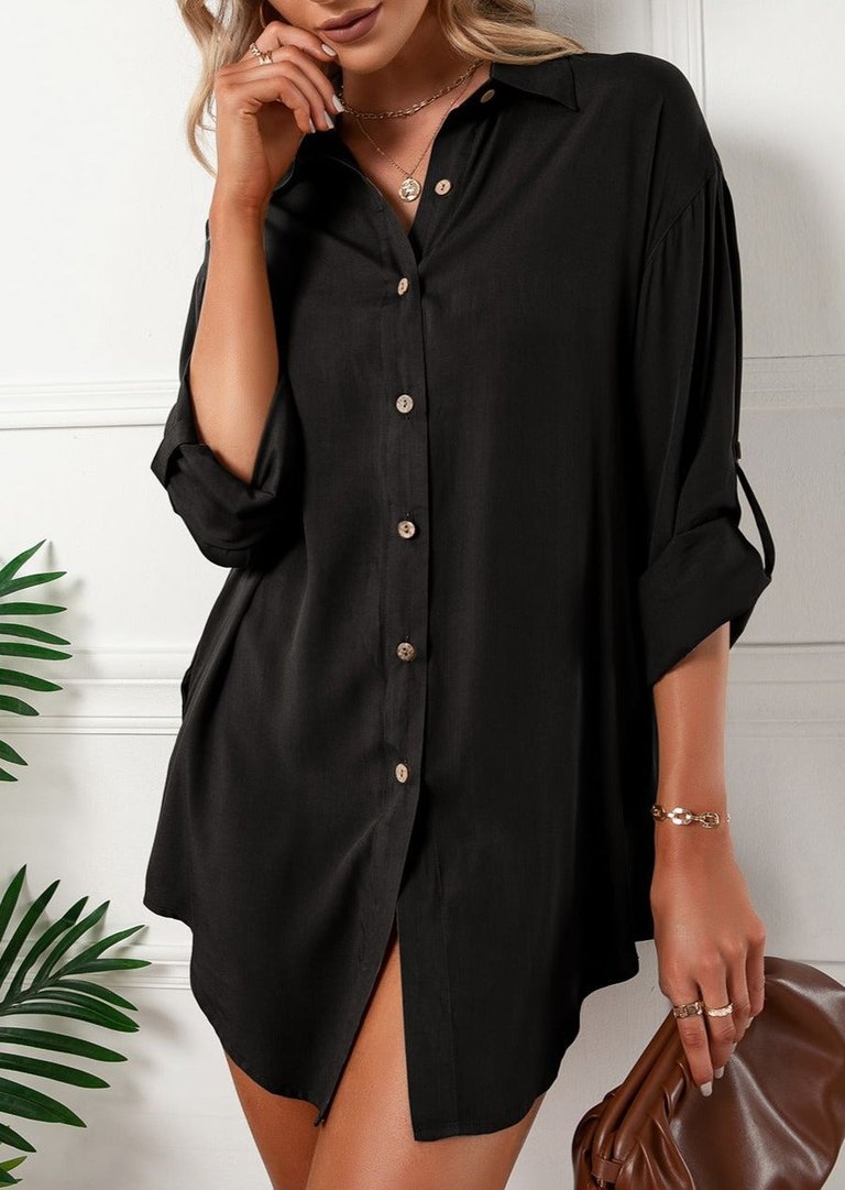 Button Front Relaxed Fit Blouse - Black