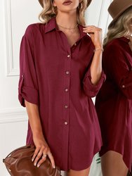 Button Front Relaxed Fit Blouse - Burgundy