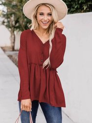 Button Front Ruffle Peplum Blouse - Red