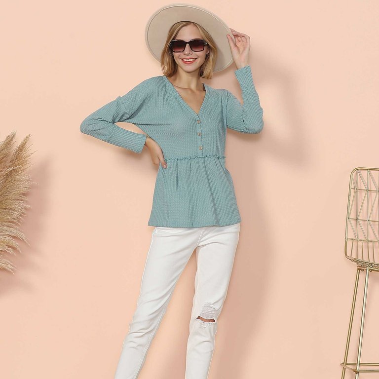 Button Front Ruffle Peplum Blouse - Teal