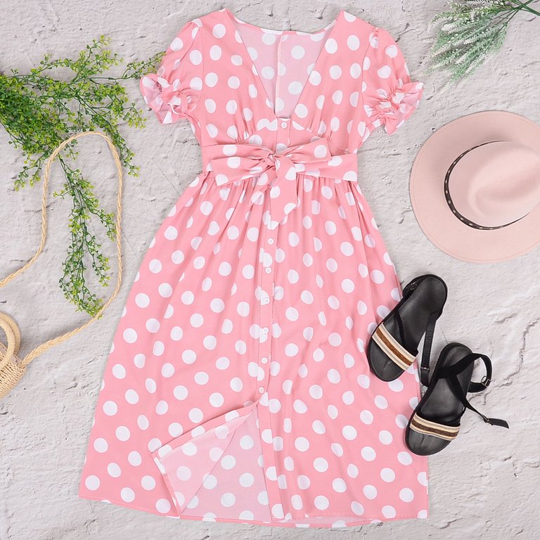 Button Polka Dot Dress - Pink
