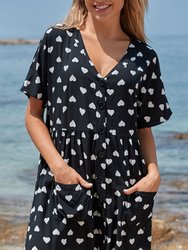Button-Up Shift Cover-Up Dress - Navy & White Heart Print