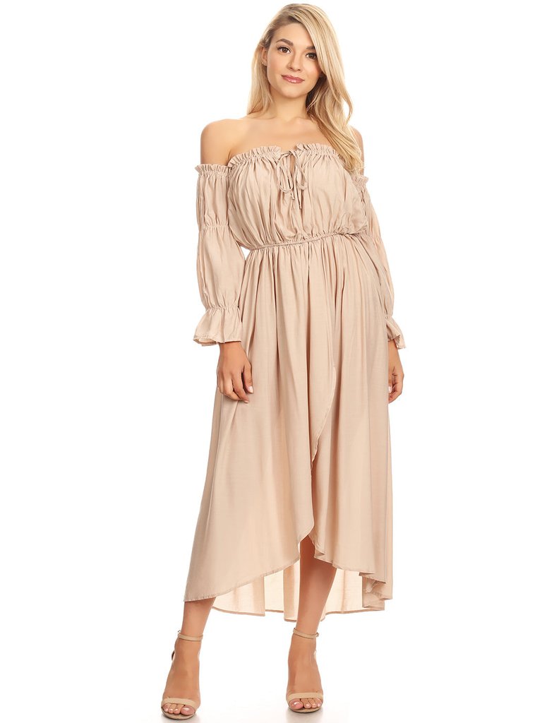 Casual Boho Long Sleeve Off Shoulder Renaissance Dress - Beige