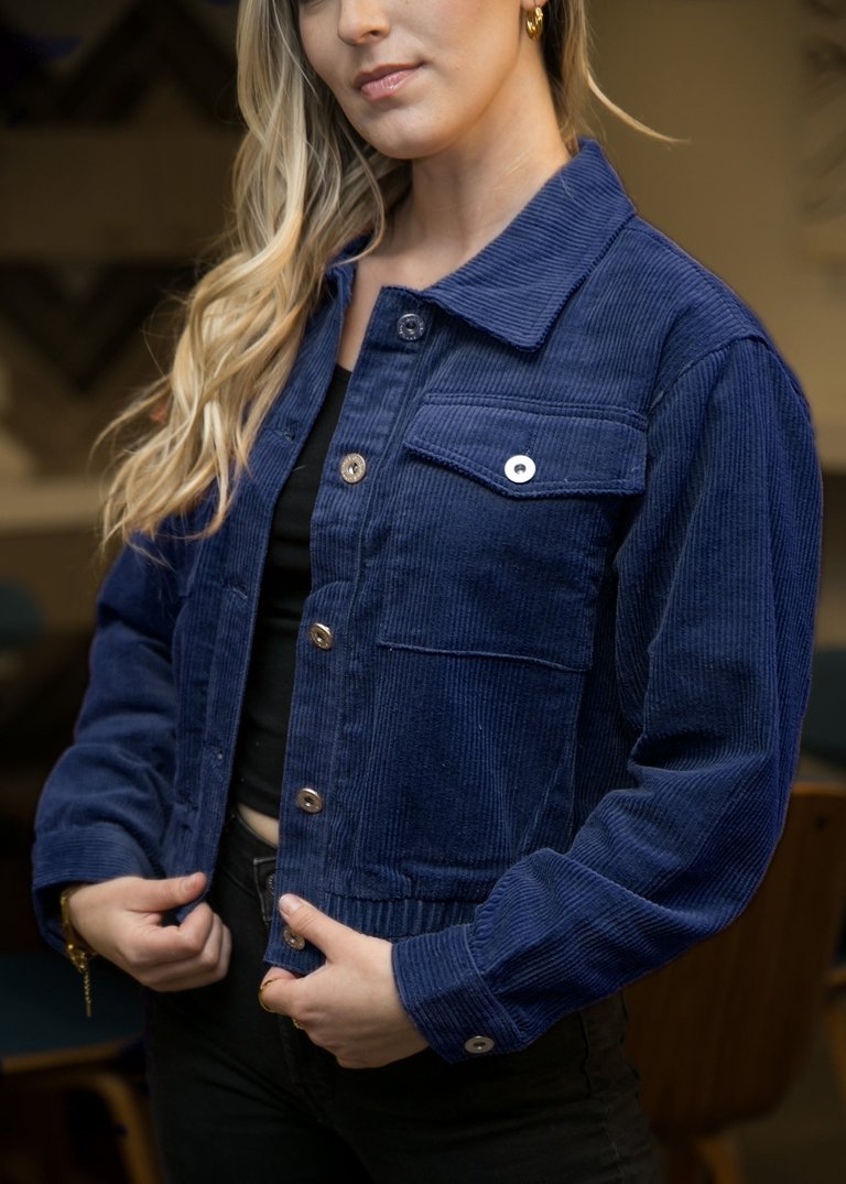 Casual Corduroy Button Down Jacket - Indigo Blue