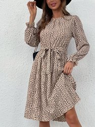Cheetah Print Pleated Fall Dress - Beige
