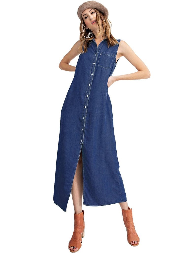 Classic Button-Down Collar Denim Shirt Dress - Dark Blue Denim