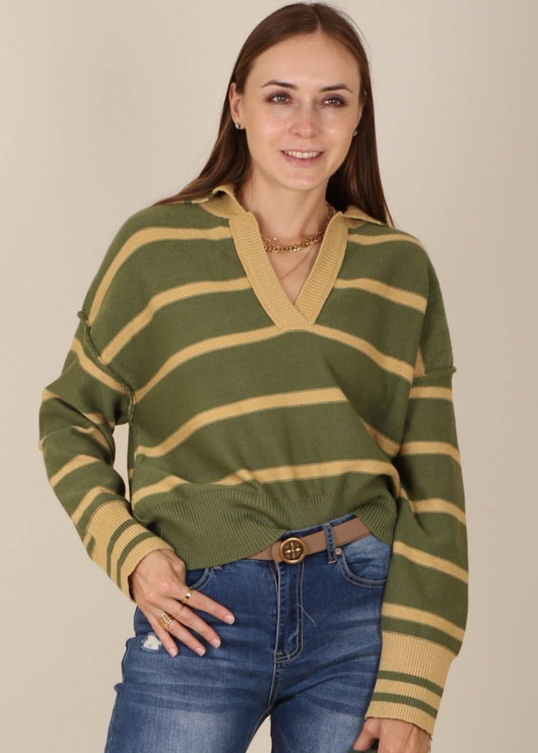 Classic Striped Collared Sweater - Green