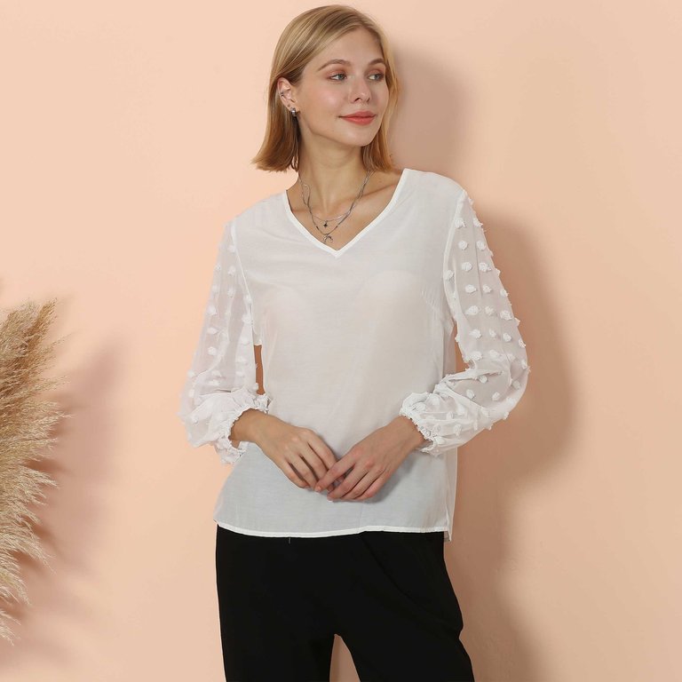 Clip Dot Long Sleeve Blouse - White