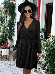 Clip Dot Long Sleeve Wrap Dress - Black