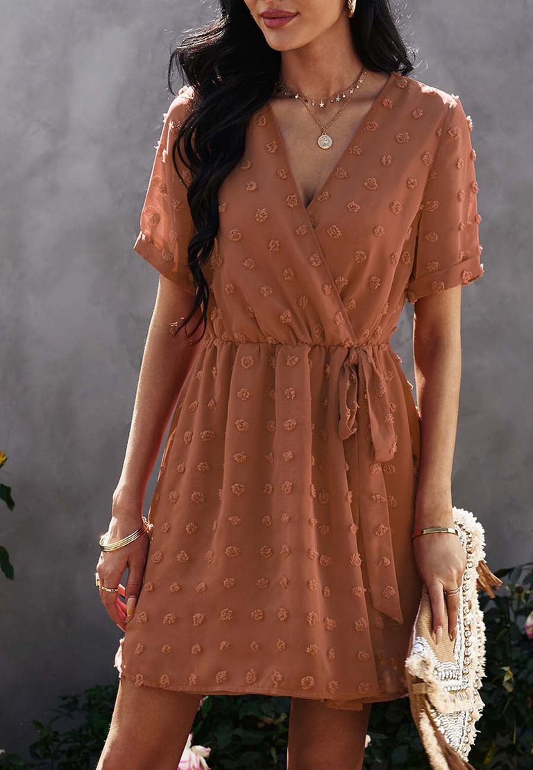 Clip Dot Summer Wrap Dress - Brown