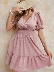 Clip Dot Surplice Neck Dress - Mauve Pink