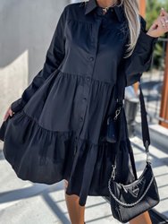 Collared Button Down Tiered Dress - Black