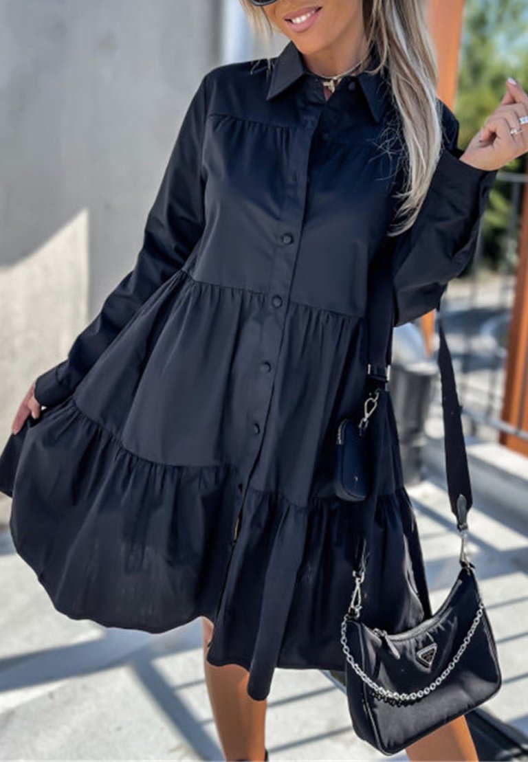 Collared Button Down Tiered Dress - Black