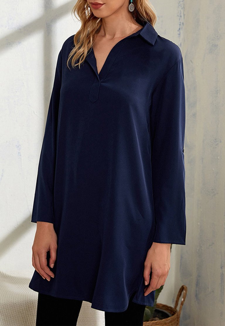 Collared Classic Tunic Blouse - Navy